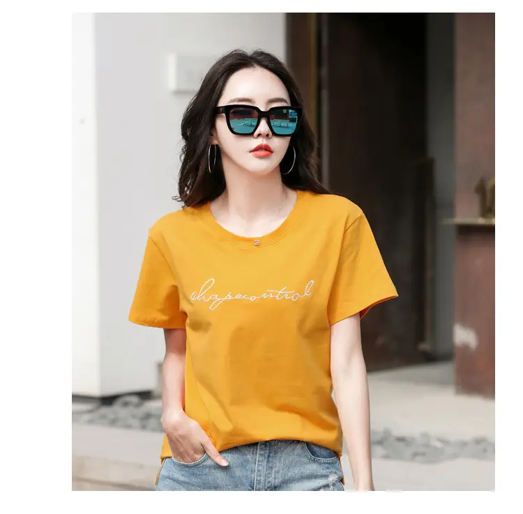Women's Orange Letter Print T-Shirt Large Summer Wear — feature 37