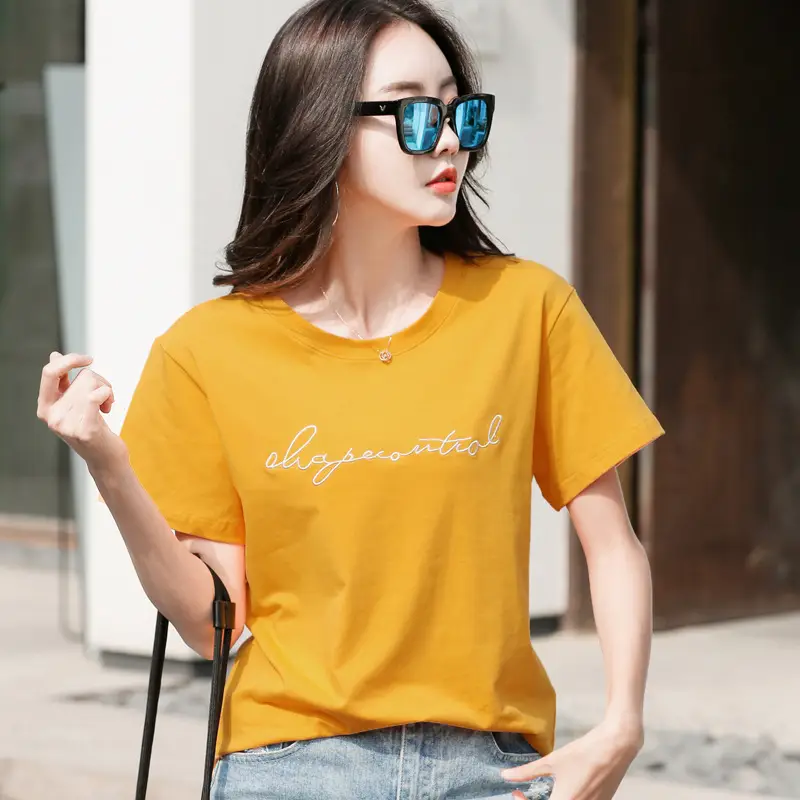 Women's Orange Letter Print T-Shirt Large Summer Wear - Image 4