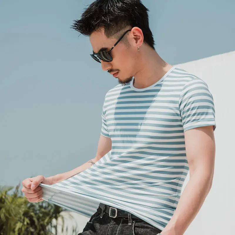 Men Striped T-Shirt Blue Casual Short Sleeve