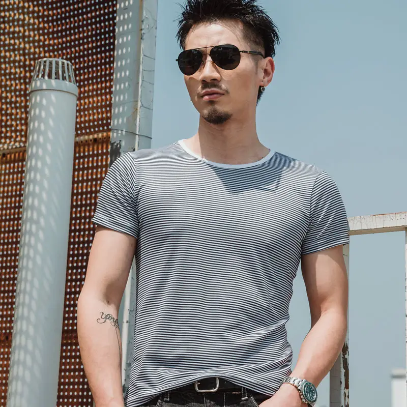 Men Striped T-Shirt Blue Casual Short Sleeve