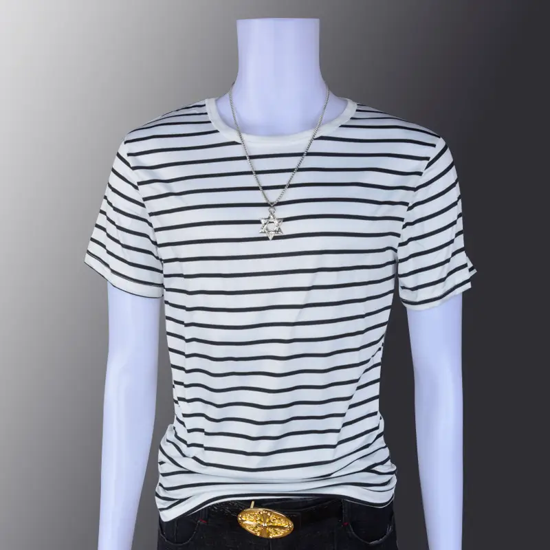 Men Striped T-Shirt Blue Casual Short Sleeve