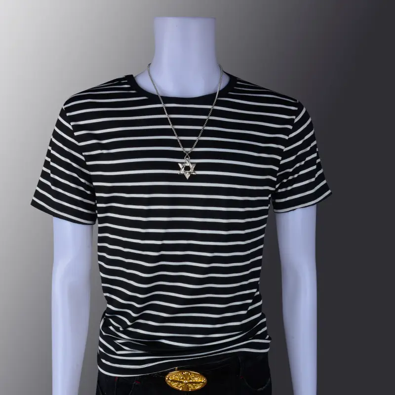 Men Striped T-Shirt Blue Casual Short Sleeve