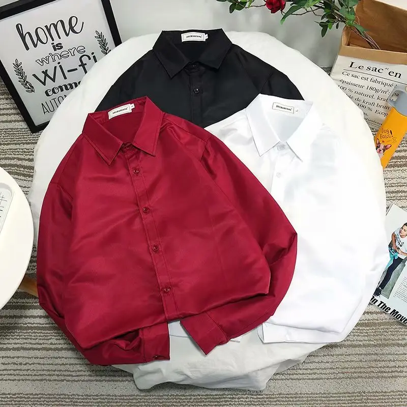 Men Slim Fit Long Sleeve Shirt Red Button Collar