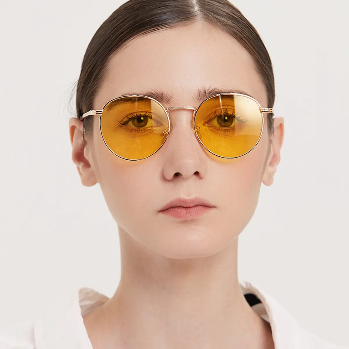 Women's Round Metal Sunglasses with Yellow Film & Mirror Frame - Image 3