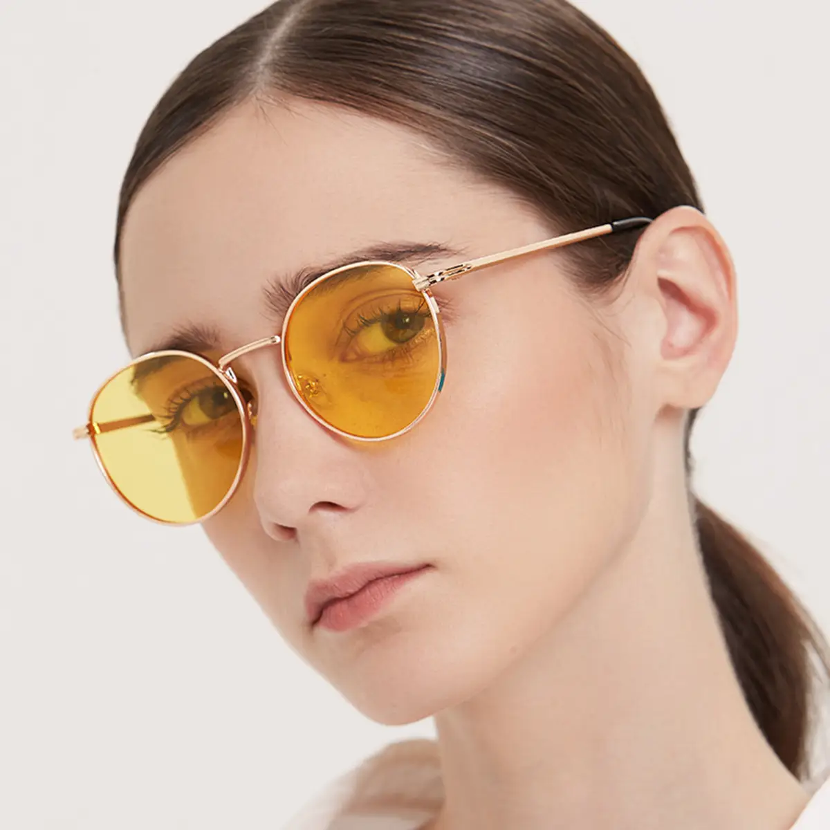 Women's Round Metal Sunglasses with Yellow Film & Mirror Frame — feature 3