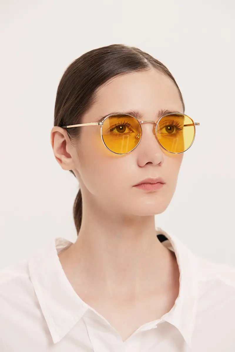 Women's Round Metal Sunglasses with Yellow Film & Mirror Frame — feature 4