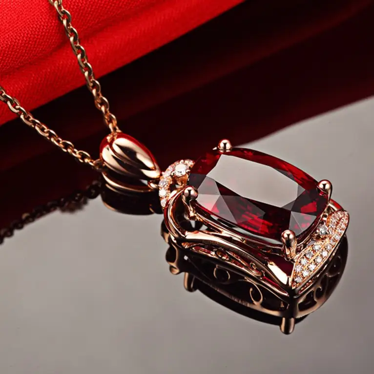 18K Rose Gold Tourmaline Pendant Necklace Red Ruby Color