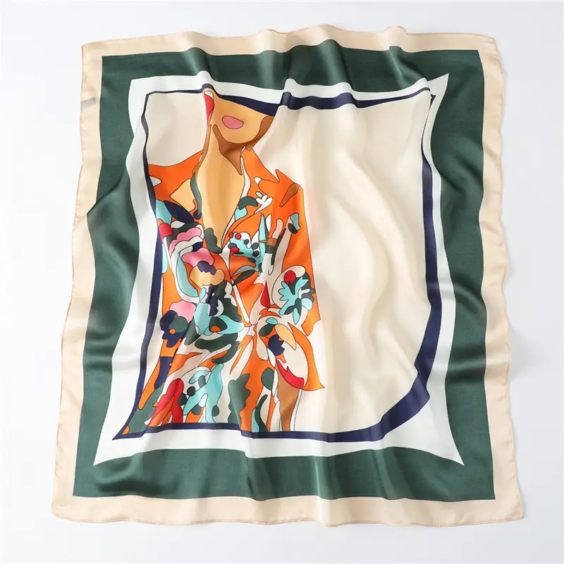 Spring Silk Scarf with Floral Print Green - Image 74