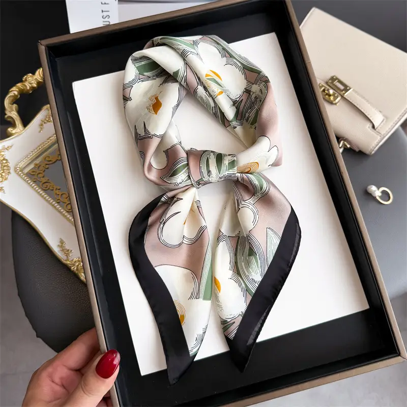 Spring Silk Scarf with Floral Print Green - Image 10