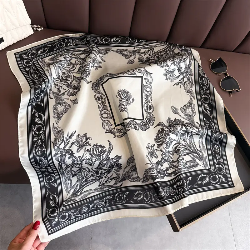 Spring Silk Scarf with Floral Print Green - Image 21