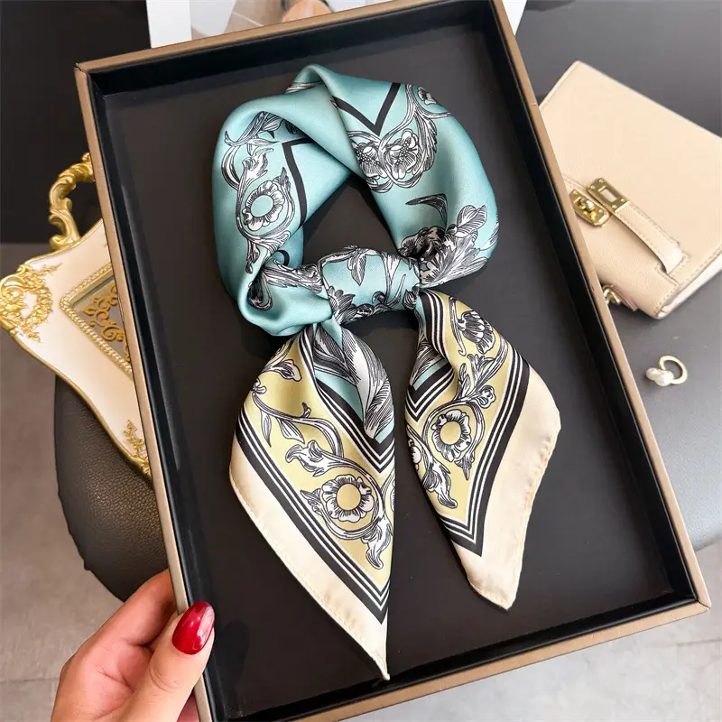 Spring Silk Scarf with Floral Print Green - Image 22