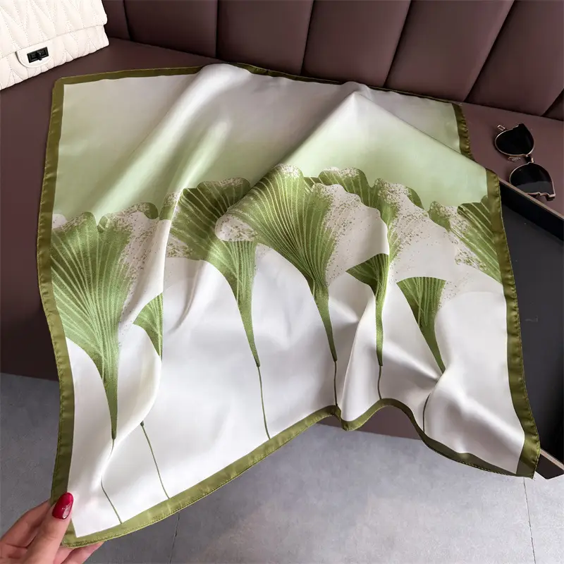 Spring Silk Scarf with Floral Print Green - Image 25