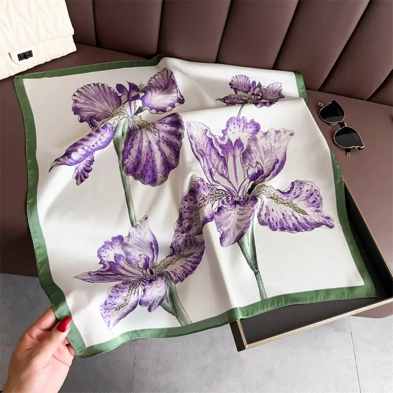 Spring Silk Scarf with Floral Print Green - Image 26