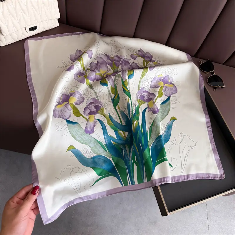 Spring Silk Scarf with Floral Print Green - Image 27