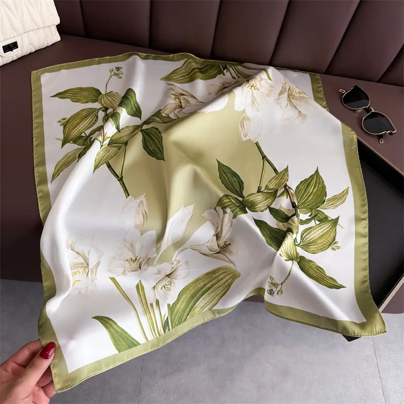 Spring Silk Scarf with Floral Print Green - Image 28