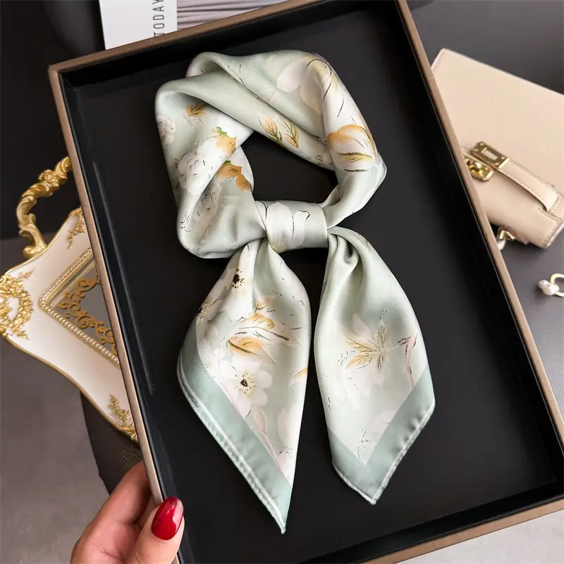 Spring Silk Scarf with Floral Print Green - Image 30