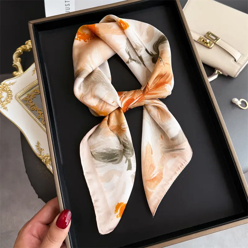 Spring Silk Scarf with Floral Print Green - Image 32