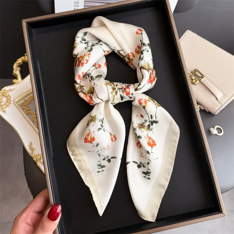 Spring Silk Scarf with Floral Print Green - Image 33