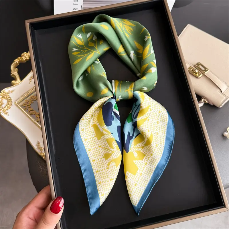 Spring Silk Scarf with Floral Print Green - Image 34