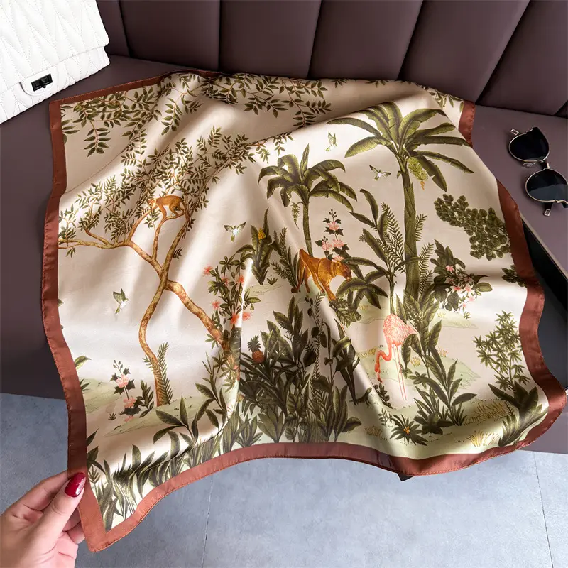 Spring Silk Scarf with Floral Print Green - Image 37