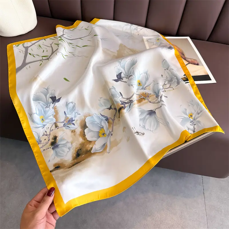 Spring Silk Scarf with Floral Print Green - Image 42