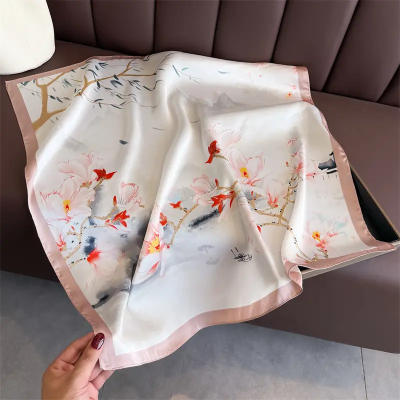 Spring Silk Scarf with Floral Print Green - Image 43