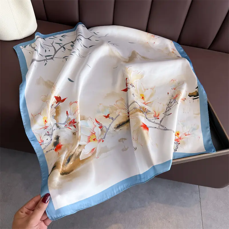Spring Silk Scarf with Floral Print Green - Image 44