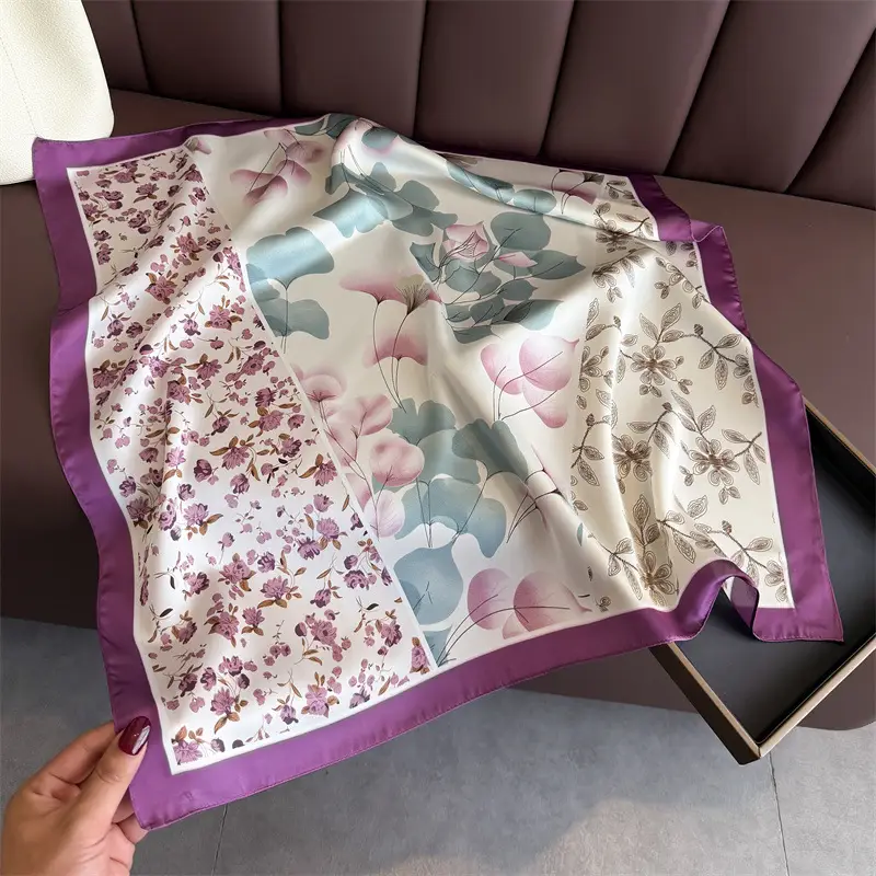 Spring Silk Scarf with Floral Print Green - Image 45