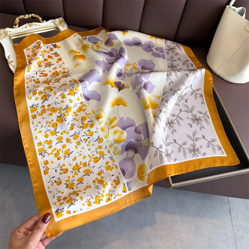 Spring Silk Scarf with Floral Print Green - Image 46