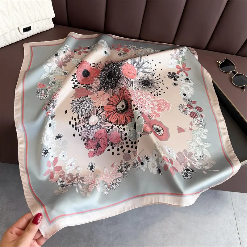 Spring Silk Scarf with Floral Print Green - Image 4