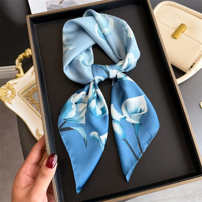 Spring Silk Scarf with Floral Print Green - Image 51