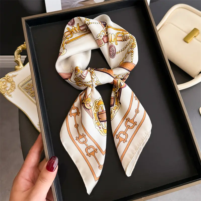 Spring Silk Scarf with Floral Print Green - Image 53