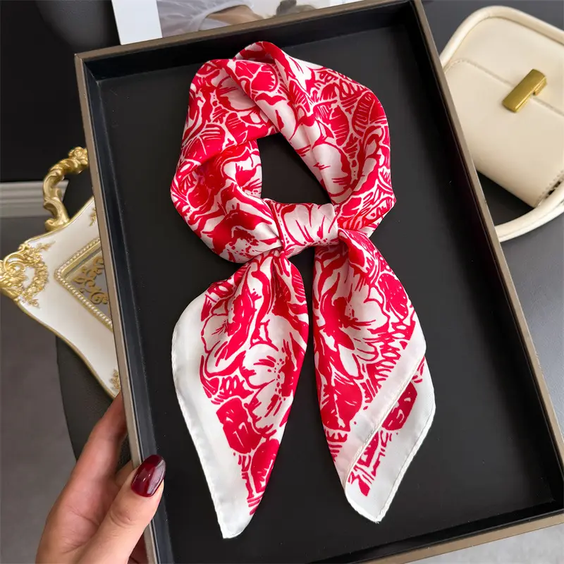Spring Silk Scarf with Floral Print Green - Image 54
