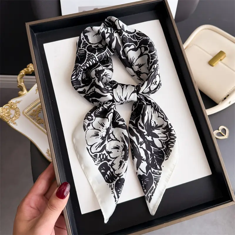 Spring Silk Scarf with Floral Print Green - Image 56