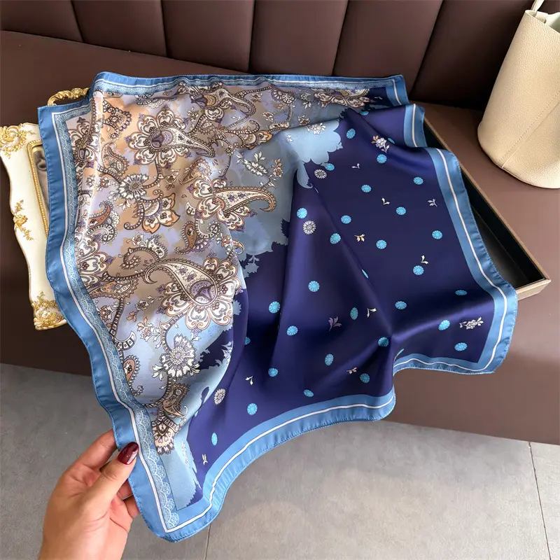 Spring Silk Scarf with Floral Print Green - Image 58