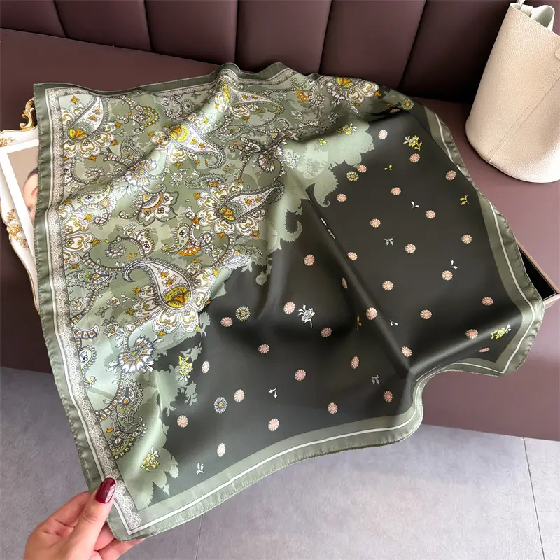 Spring Silk Scarf with Floral Print Green - Image 59