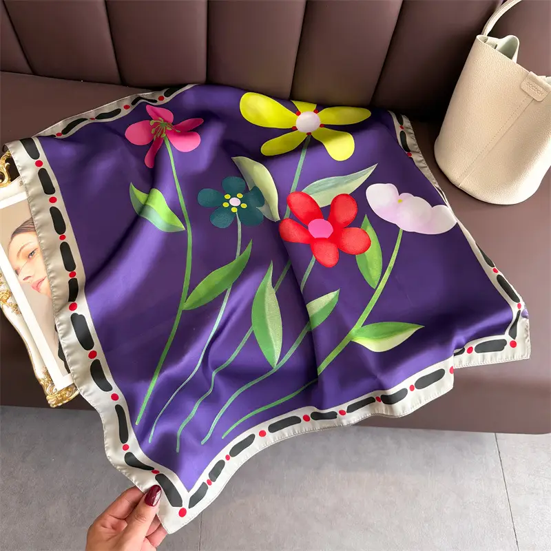 Spring Silk Scarf with Floral Print Green - Image 60