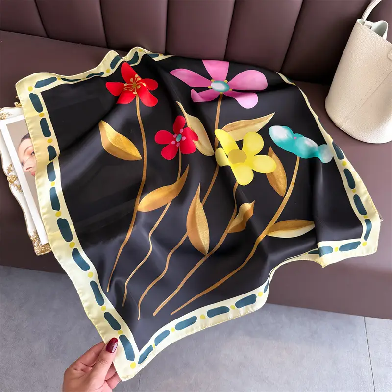 Spring Silk Scarf with Floral Print Green - Image 61