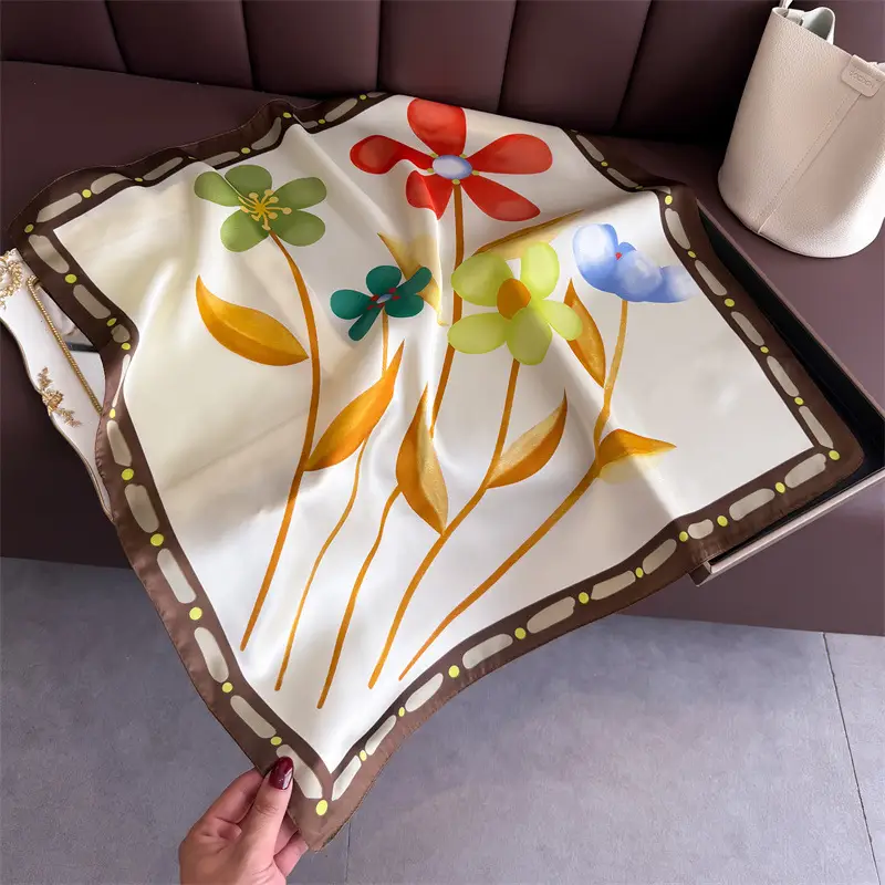Spring Silk Scarf with Floral Print Green - Image 62