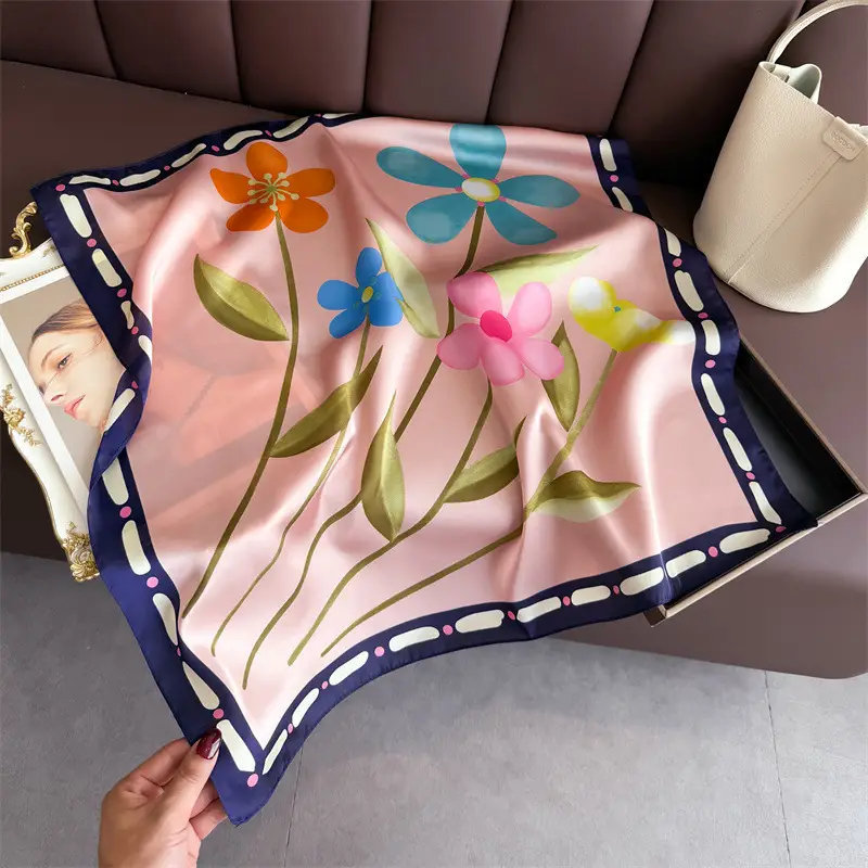 Spring Silk Scarf with Floral Print Green - Image 63