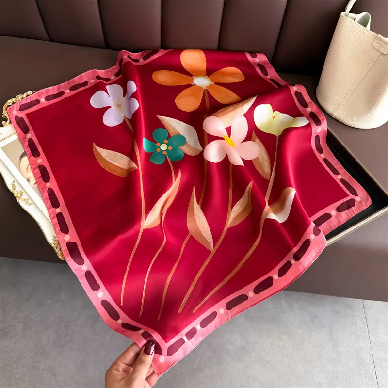 Spring Silk Scarf with Floral Print Green - Image 64