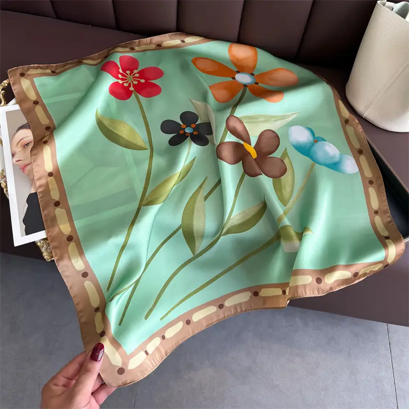 Spring Silk Scarf with Floral Print Green - Image 65