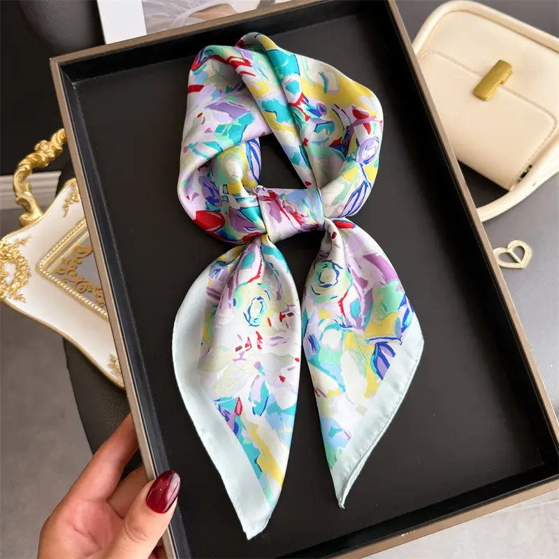 Spring Silk Scarf with Floral Print Green - Image 66