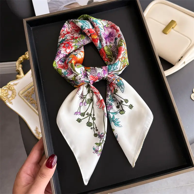Spring Silk Scarf with Floral Print Green - Image 67