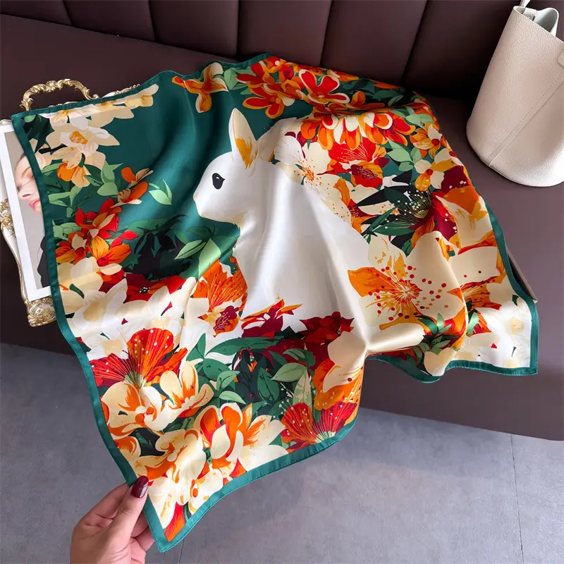 Spring Silk Scarf with Floral Print Green - Image 68