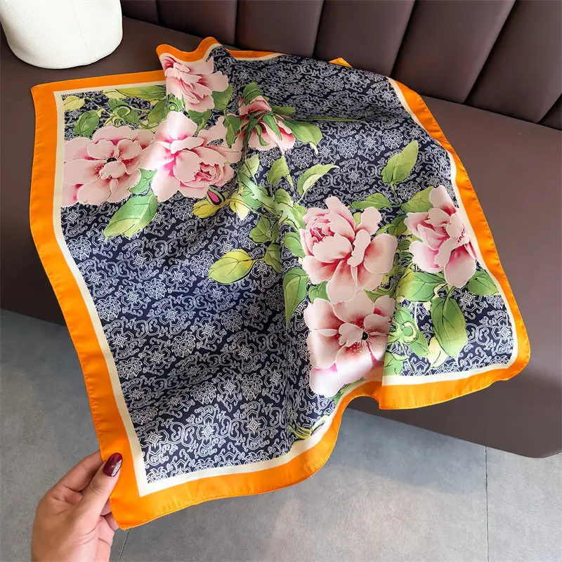 Spring Silk Scarf with Floral Print Green - Image 6