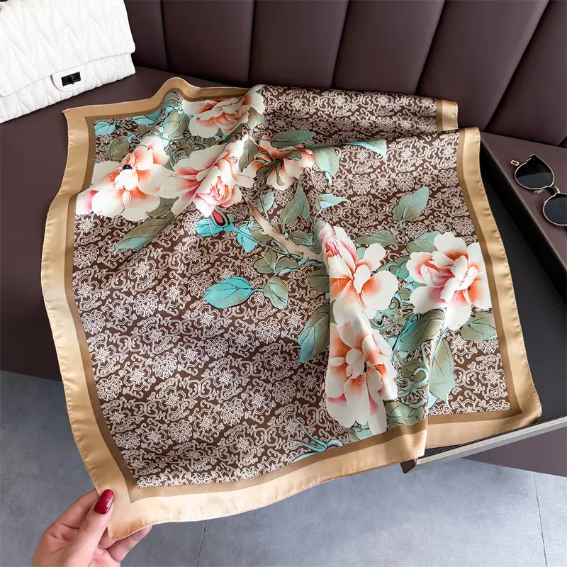 Spring Silk Scarf with Floral Print Green - Image 7
