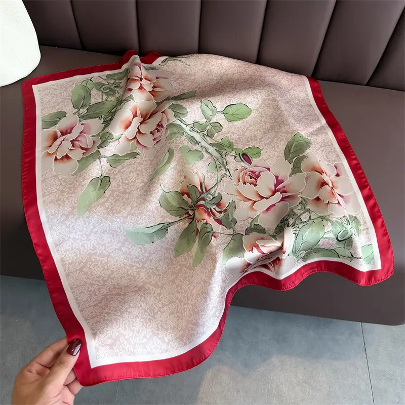 Spring Silk Scarf with Floral Print Green - Image 8