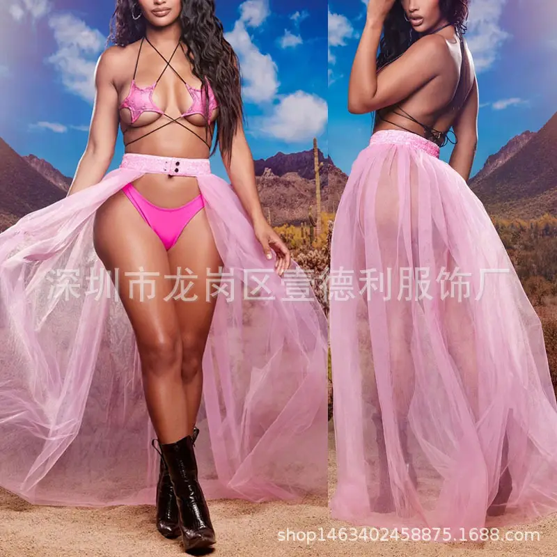 Pink Mesh Long Skirt Party Wear Lightweight Sunscreen - Image 4