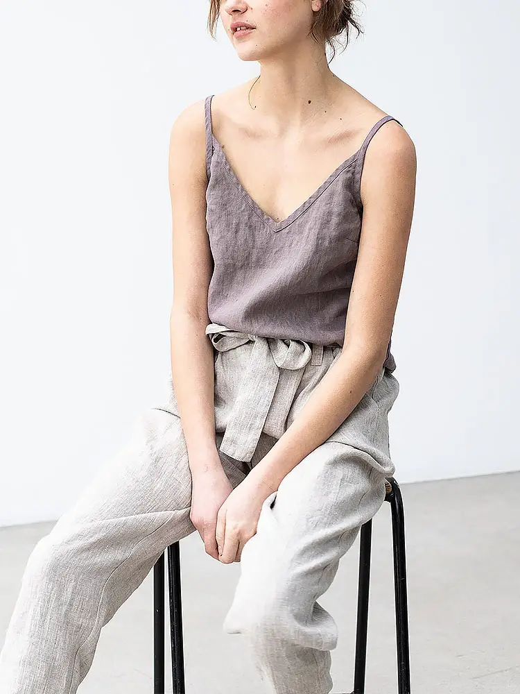Women Cotton Linen Camisole Orange V-Neck Sleeveless